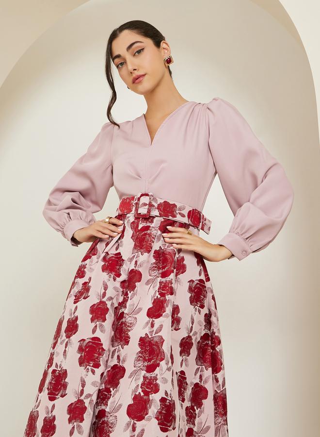 Women Floral Balloon Sleeves A-Line Maxi Dress